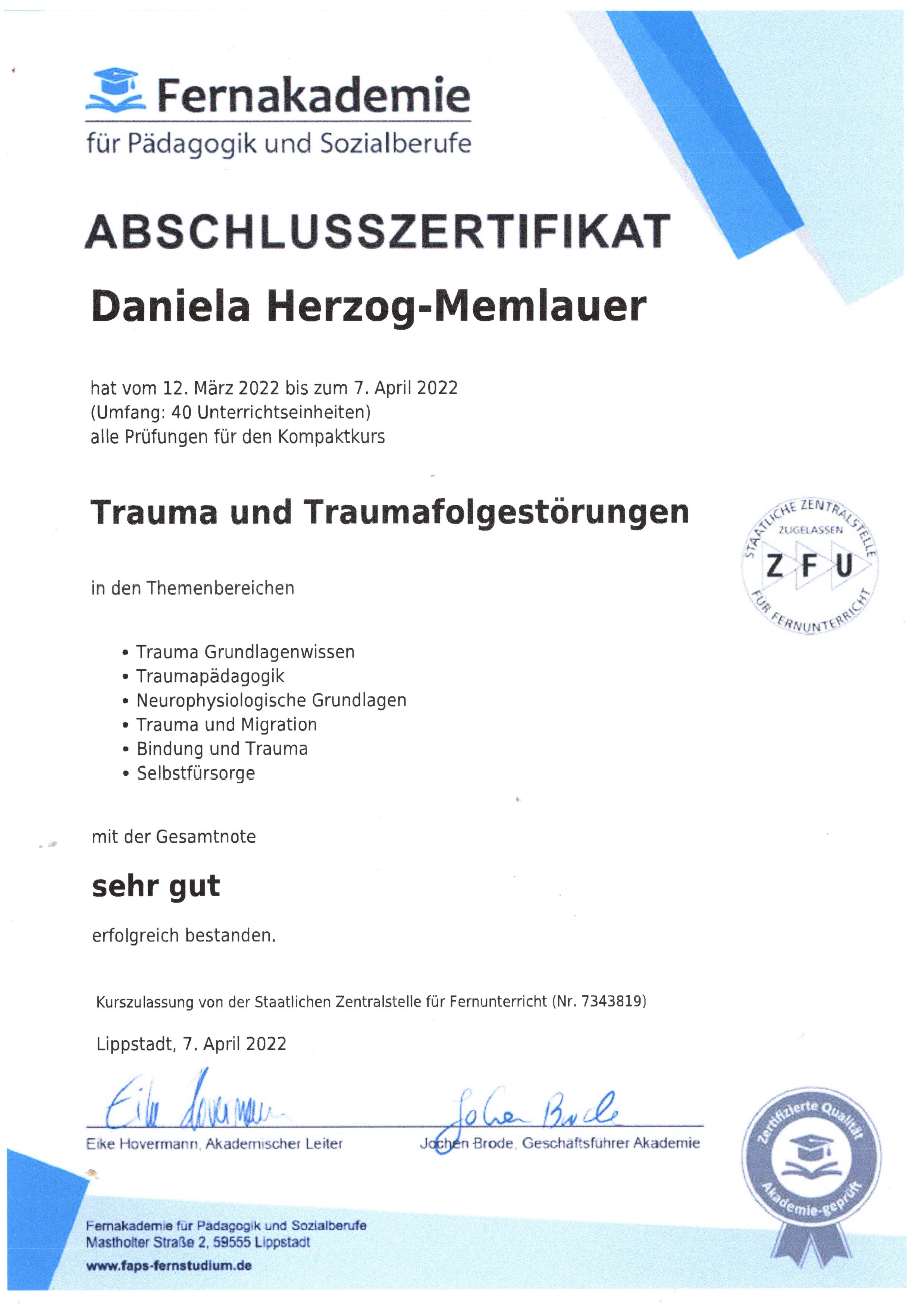 Abschlusszertifikat - Trauma und Traumafolgestörungen